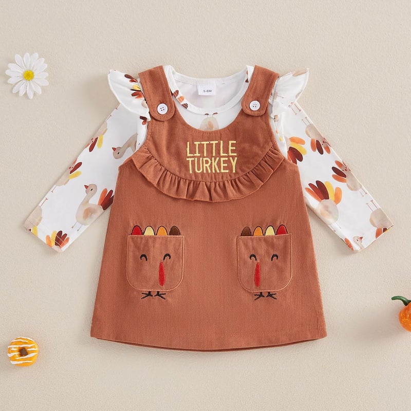 Socutebabe My First Thanksgiving Baby Girl Outfit Newborn Turkey Romper And Corduroy Skirt Little Turkey Dress Outfits - Image 2